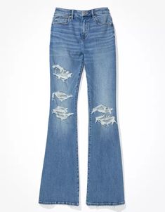 AE Stretch Curvy Ripped Super High-Waisted Flare Jean Flare Jeans American Eagle, American Eagle Jeans Flare, American Eagle Flare Jeans, How To Style Flares, Ripped Bootcut Jeans, Distressed Flare Jeans, American Eagle Aerie, Sam Hunt, Ripped Jeans Outfit