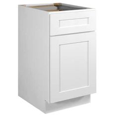 a white kitchen cabinet with an open drawer and door on the bottom, in front of a white background