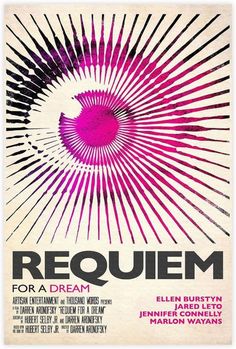 a poster with the words requiem for a dream written in black and pink