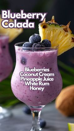 blueberries, coconut cream, pineapple juice and white rum are the ingredients for this smoothie