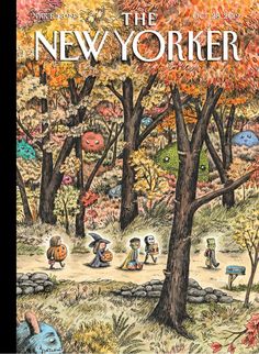 the new yorker magazine cover with children in autumn trees and people walking through it