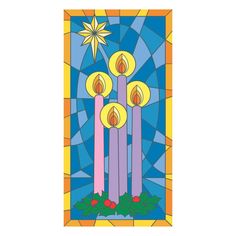 a stained glass window with three candles and holly wreaths on the bottom, against a blue background