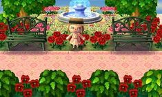 an animal crossing game is shown in the middle of flowers and benches with a fountain