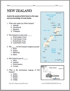 the new zealand map is shown in this printable worksheet for students to learn