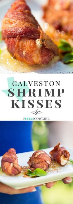 a person holding a plate with food on it and the caption says, calverton shrimp kisses