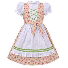 PRICES MAY VARY. Knee length. Machine washable, low tumble dry Exclusive traditional Bavarian designed Dirndl dress with apron and top in white and light yellow, floral prints and puffy sleeves make this dress even cute. Perfect for Bavaria's Oktoberfest, carnival festival or themed fancy dress party in any special occasions. Following size means age ranges for girls, they are for general guidance only. For most accurate fit, we recommend checking detailed measurement before purchase. Size Measu German Dirndl Dress, Dress With Apron, Bavarian Dress, German Dress Dirndl, Oktoberfest Dress, Baby Costumes Girl, Pink Clothing, Fancy Dress Party, Dress Illustration