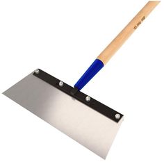 a shovel with a blue handle and wooden handle on it's tip is shown in front of a white background