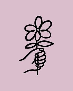 a black and white drawing of a flower on a pink background