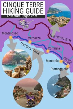 the map for cinque terre hiking guide, with many different locations in it