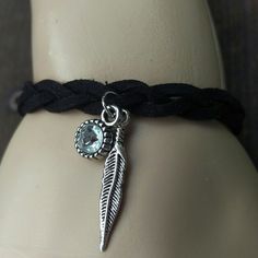 Genuine Black Leather Braided Bracelet With Silver Feather And Rhinestone Charms Handmade Leather Jewelry, Feather Bracelet, Braided Leather Bracelet, Braided Bracelet, Silver Feather, Handmade Jewelry Diy, Braided Bracelets, Jewelry Diy, Leather Jewelry