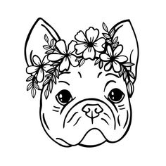 a black and white drawing of a dog with flowers in its hair, on a white background