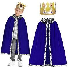 a little boy wearing a blue cape and crown