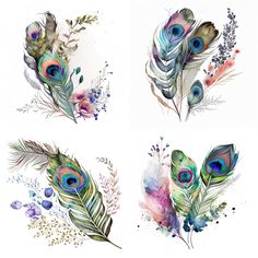 four different colored feathers with flowers and leaves on the bottom one is blue, green, purple