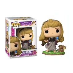 a pop vinyl figurine is shown in front of a box with an image of aurora