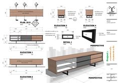 an architectural drawing shows the various parts of a tv stand, including cabinets and shelves