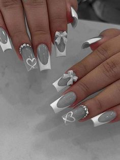 Gray Birthday Nails, Gray And Pink Nails Ideas, Grey Acrylics, Grey And Pink Nails, White Nail Ideas, Bow Nail Designs, Bow Nails, Engagement Nails, Grey Nails