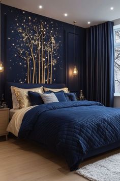 a bedroom with dark blue walls and white carpeted flooring is lit by two hanging lights