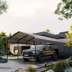 a truck is parked in front of a house with a carport attached to it