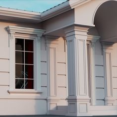 an image of a white house with red door and window panes on the side