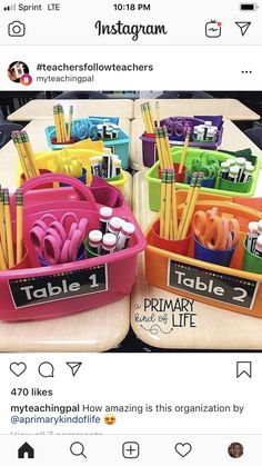 an instagram page with several plastic containers filled with pens and pencils on it