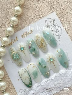 Korean Stilleto Nails, Marie Antoinette Nails, Asian Nail Designs, Victorian Nails, Genshin Nails, Korean Glass Nails, Angelic Nails, Aquarius Nails, Fantasy Nail Art