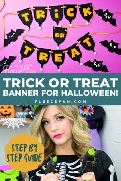 a custom trick or treat banner, perfect for halloween parties and spooky decor, made with free pattern and step by step tutorial from fleece fun Banner Diy, Svg Templates, Festive Decoration, Halloween Projects, Free Templates, Projects Diy, Free Sewing, Easy Step, No Time