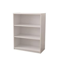 an empty white book shelf against a white background