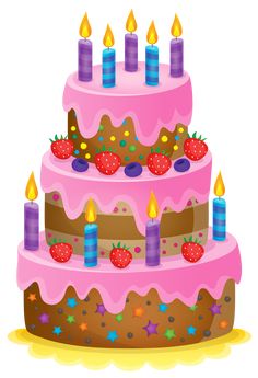 a pink birthday cake with lit candles and strawberries