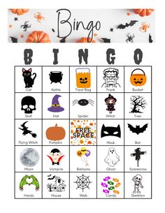 a printable halloween bingo game with pumpkins, bats and other things on it