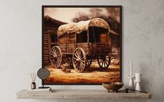 an old fashioned covered wagon sitting on top of a wooden shelf next to a mirror