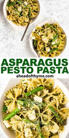 pasta with asparagus pesto and parmesan cheese in two white bowls