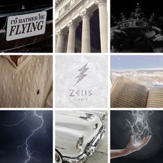 there are many different logos on the pictures in this collage, including books and lightning