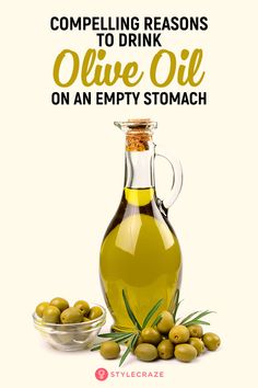 an olive oil bottle and bowl filled with green olives next to it is the words,