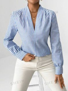 Camisa Social, Winter Tops, Women Shirts Blouse, V Neck Blouse, Plus Size Blouses, Casual Blouse, Eminem, Stripe Print, Striped Shirt