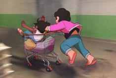 a woman pushing a child in a shopping cart while another person is running behind her