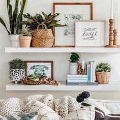 some plants are sitting on top of the bookshelves in this living room with white walls