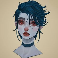 an animated woman with blue hair and red eyes