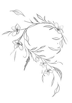 a black and white drawing of some flowers on a branch with leaves in the middle