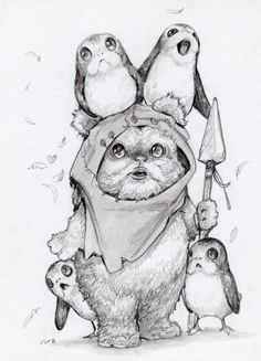 a pencil drawing of a dog with three birds on its back and one bird holding an umbrella