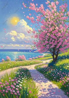 a painting of a path leading to the ocean with pink flowers in bloom on either side