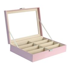 a pink and white box with six compartments