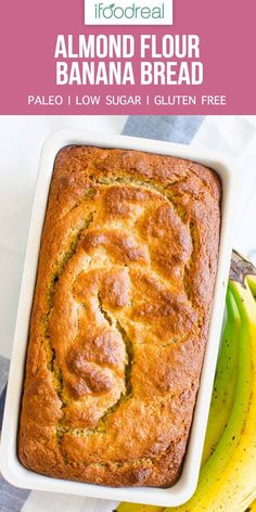 a loaf of almond flour bread in a pan with bananas around it and the words almond flour banana bread