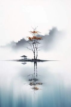 a lone tree stands in the middle of a body of water with a house on it