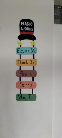 a white wall with magnets on it that say,'magic words cause me thank you please sorry may i