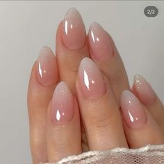 Glittery Almond French Tip, Short Clean Almond Nails, Gradient French Nails Almond, Pink And White Ombre Nails Sparkle Almond, Bridal Nails Ombre Glitter, Pink Acyrilics Nails Almond, Ombre Sparkle Nails Short, French Tip Dip Powder Nails Almond, Ombre Shimmer Nails