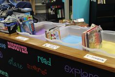 there are many books and magazines on the counter at this library desk, including children's books