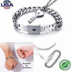 Product Description Specification: Materials: Titanium Steel Size of Lock Bracelet: Approx. 20.3cm / 7.99 inch (L), 10.5mm / 0.41inch(W) Length of Necklace: 40cm / 15.75 inch Size of Key Pendant: 18mm / 0.71 inch   Feature: 1. Made of premium titanium steel, highly resistant to rust, corrosion and discoloration. 2. Smooth surface, nice hand feel, will not hurt your hands. 3. It can last for a long time and easy to clean, it is not easy to be tarnish or oxidize. 4. Lightweight and elegant, make y Lock Bracelet, Couples Christmas, Key Pendant Necklace, Christmas Couple, Couple Gift, Lock And Key, Key Design, Key Pendant, Couple Gifts