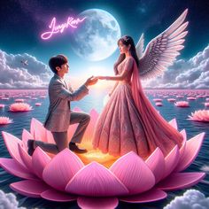 a man kneeling down next to a woman on top of a pink flower in front of a full moon