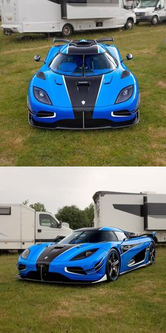 two pictures of the same blue sports car in different stages of being parked on grass