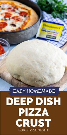 the homemade deep dish pizza crust is ready to be baked in the oven and served on a cutting board